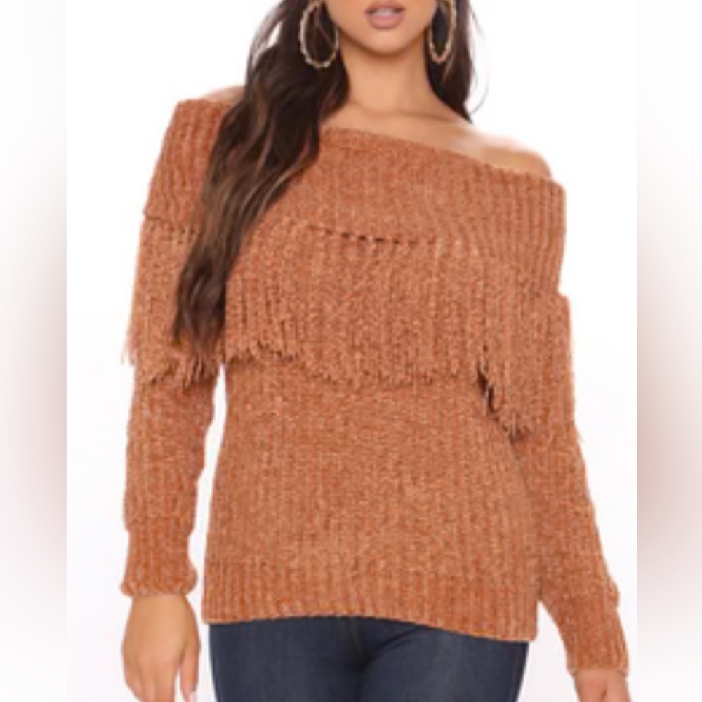 Forever 21 Brown Chenille Ribbed Mock Neck fringe on or off shoulder  Sweater  S